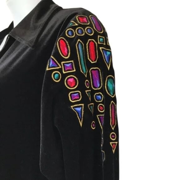 Vintage Bob Mackie Wearable Art XL Velour Jacket Zip Embroidered Gemstone Design - Picture 6 of 10